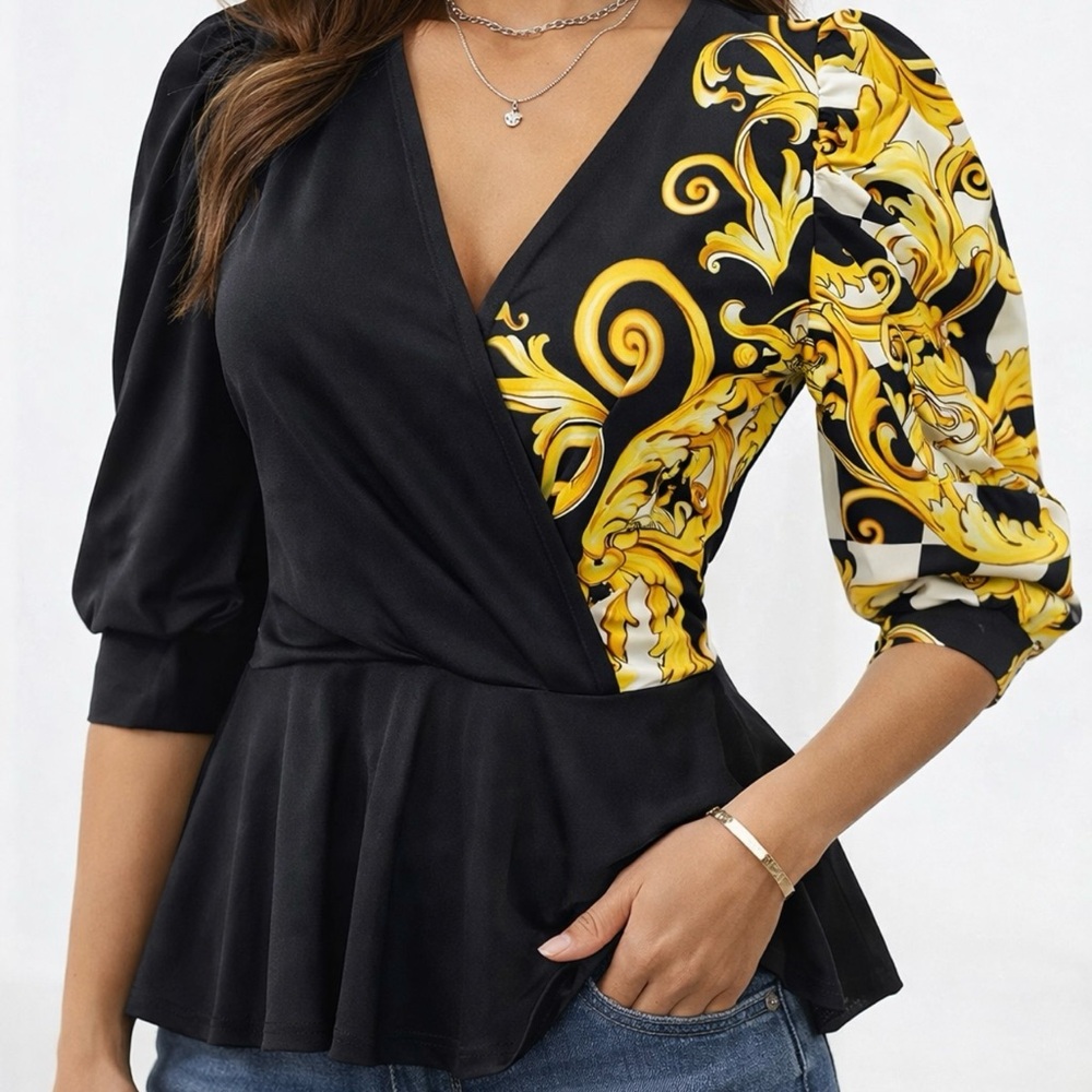Black & Yellow Baroque-Print Faux Wrap Peplum Blouse